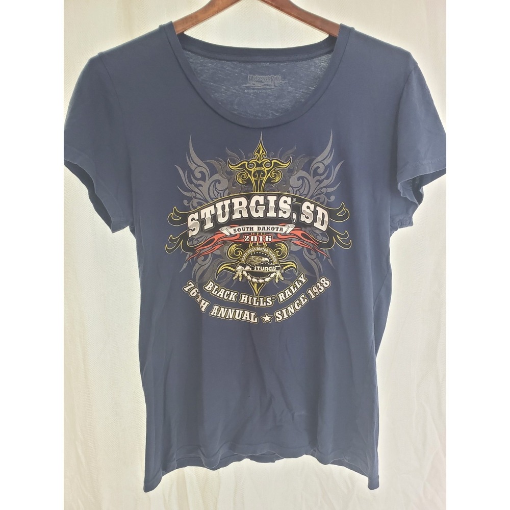 Sturgis SD 2016 Black Hills Rally Womens Large Blue Graphic T Shirt Made In USA